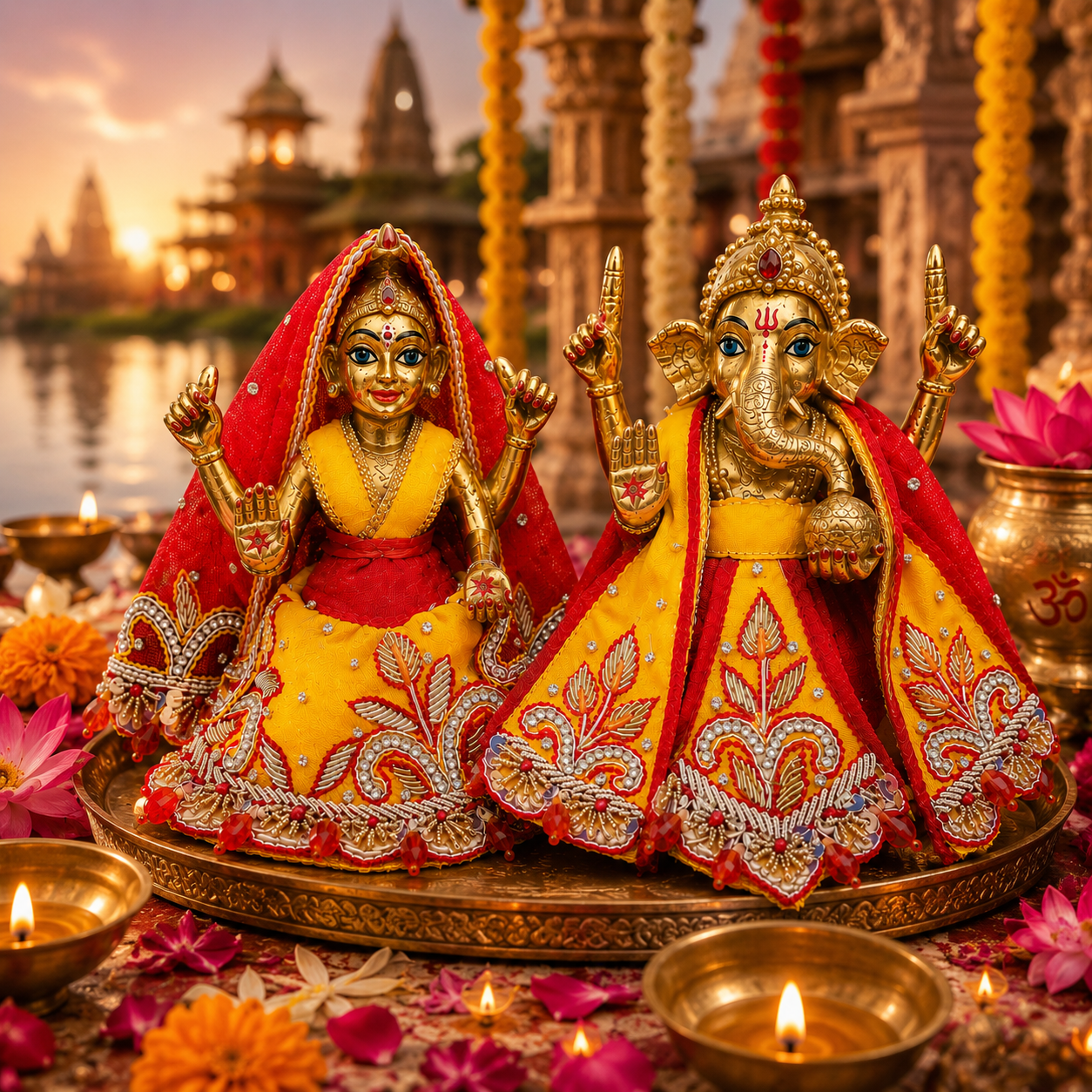 Bansuri Premium Handmade Ganesh Lakshmi Poshak | Designer Ganesh Ji & Lakshmi Ji Dress | Festival Collection |