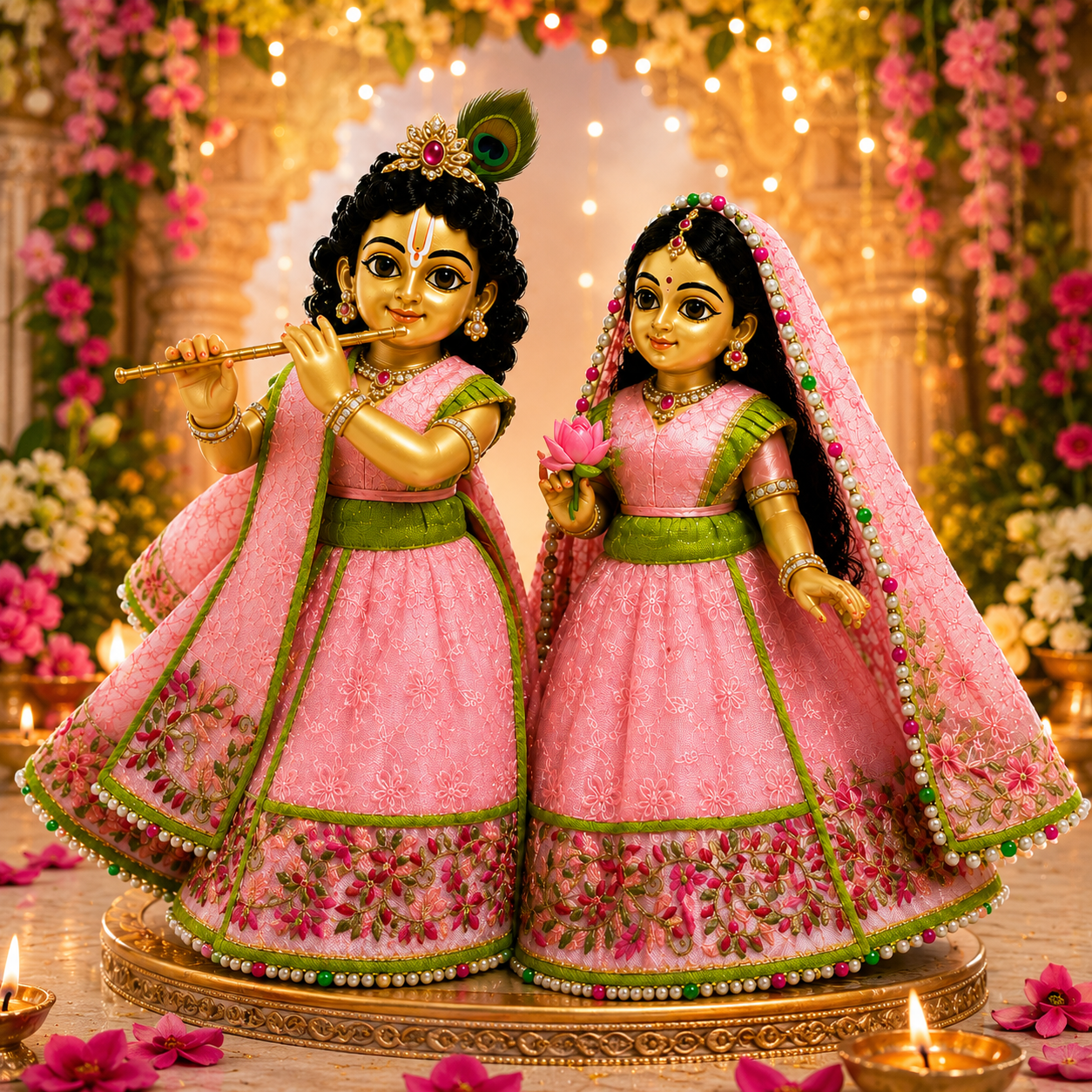 Premium handmade Radha Krishna deity dress with floral embroidery, pearl detailing, and traditional craftsmanship