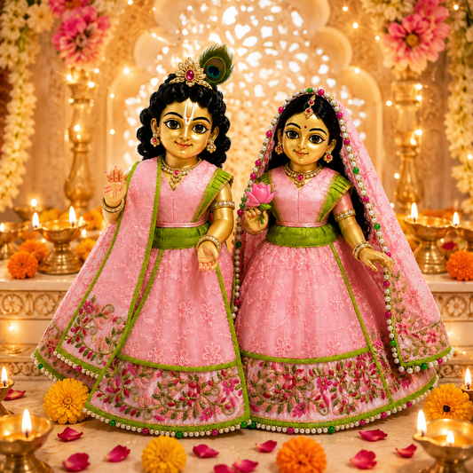Premium handmade Radha Krishna deity dress with floral embroidery, pearl detailing, and traditional craftsmanship
