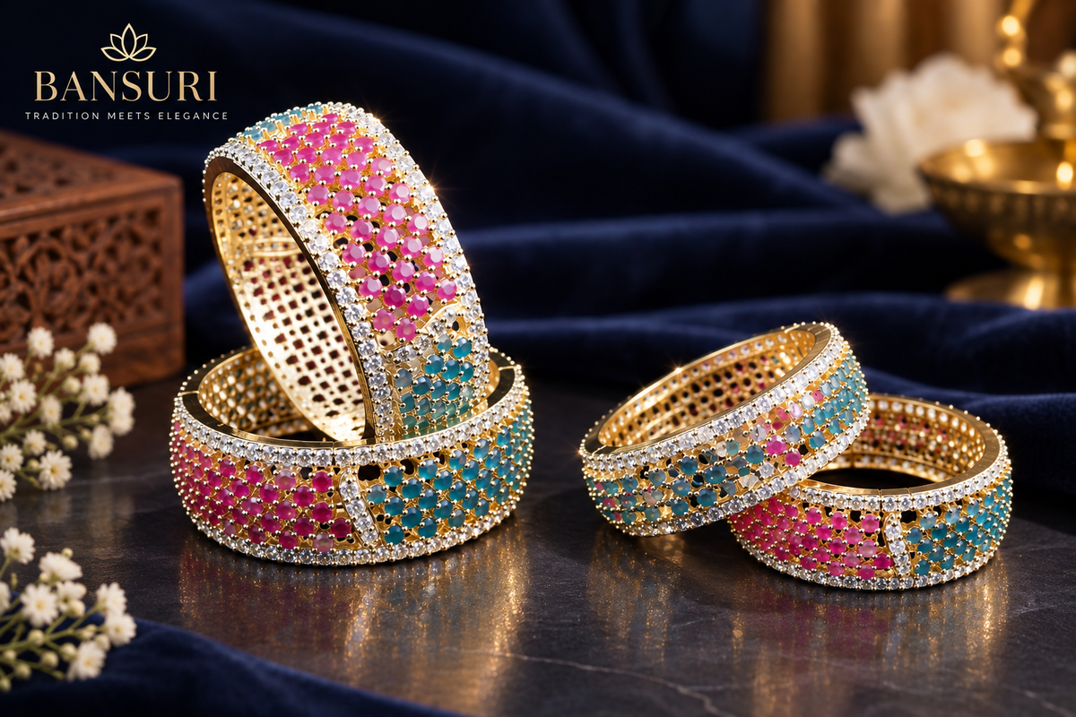 Bansuri Deity Bangles Set of 2 – Gold-Plated God Churi with Ruby & Emerald AD Stonework, Stylish Locking Clasp for Krishna, Radha, Lakshmi & Laddu Gopal Idols