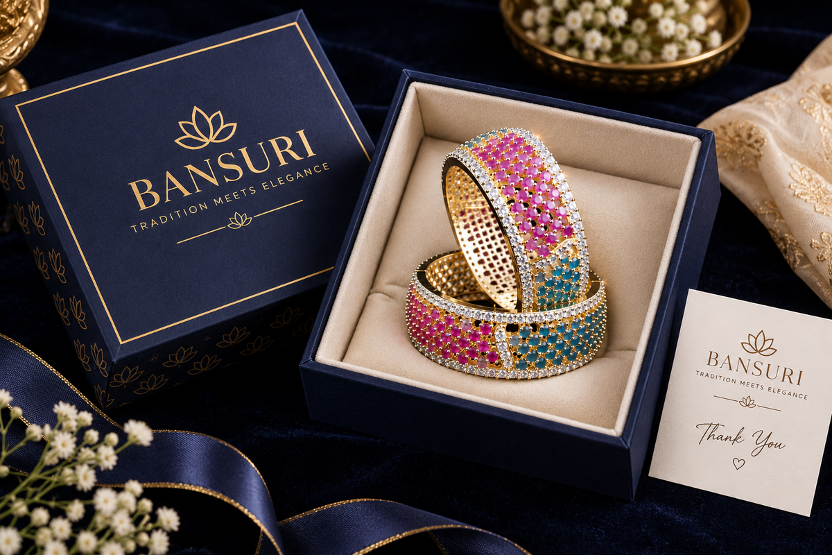 Bansuri Deity Bangles Set of 2 – Gold-Plated God Churi with Ruby & Emerald AD Stonework, Stylish Locking Clasp for Krishna, Radha, Lakshmi & Laddu Gopal Idols