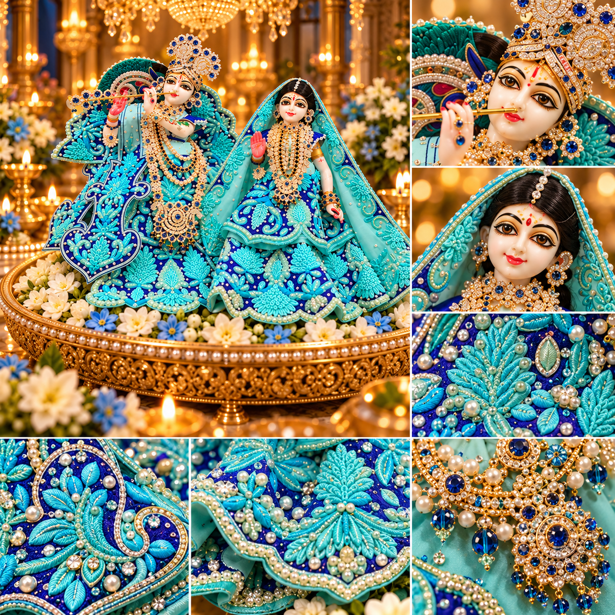 Radha Krishna poshak in turquoise and royal blue with pearl embroidery on marble deities