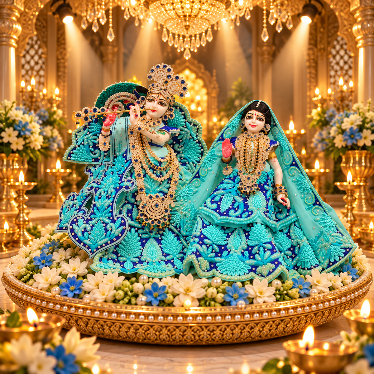 Handcrafted floral embroidery and pearl border on Radha Krishna deity dress