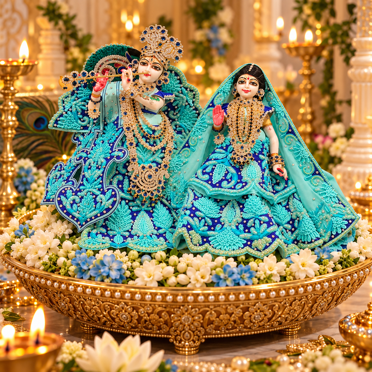 Handcrafted Deity Poshak - Radha Krishna Poshak | Turquoise Blue Pearl Embroidered Deity Dress Set