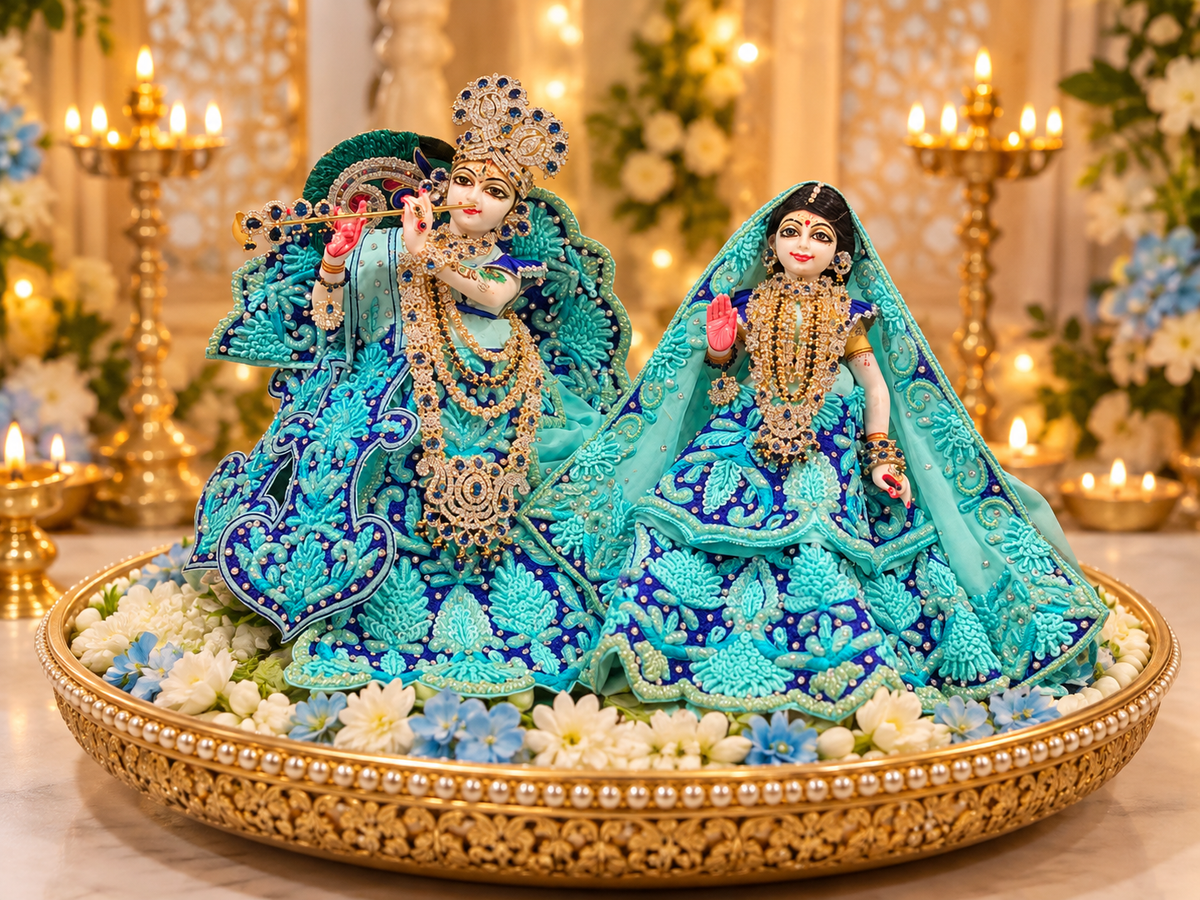 Radha Krishna Poshak | Turquoise Blue Pearl Embroidered Deity Dress Set (GRBL258)