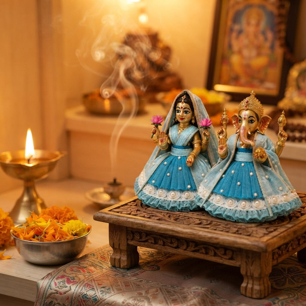 Bansuri Handmade Ganesh Lakshmi Dress Set | Sky Blue Poshak for Ganesh Ji & Lakshmi Mata Idol (3 Inch)