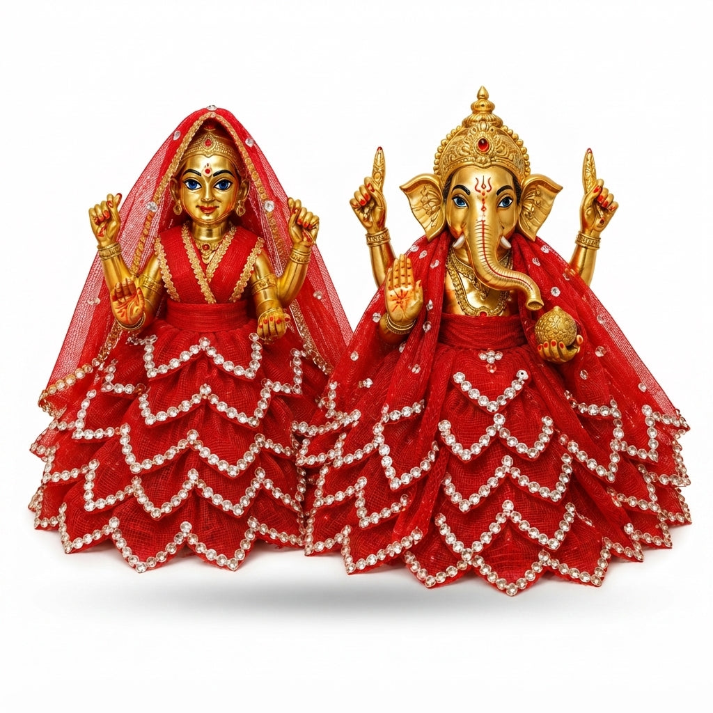 Bansuri Handmade Ganesh Lakshmi Dress Set | Red Poshak for Ganesh Ji & Lakshmi Mata Idol (3.5 Inch)