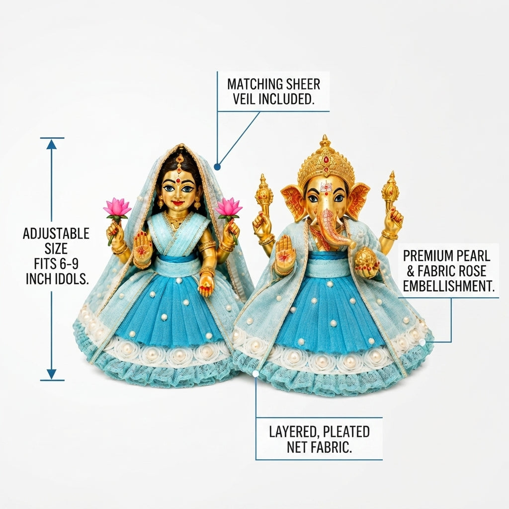 Bansuri Handmade Ganesh Lakshmi Dress Set | Sky Blue Poshak for Ganesh Ji & Lakshmi Mata Idol (3 Inch)