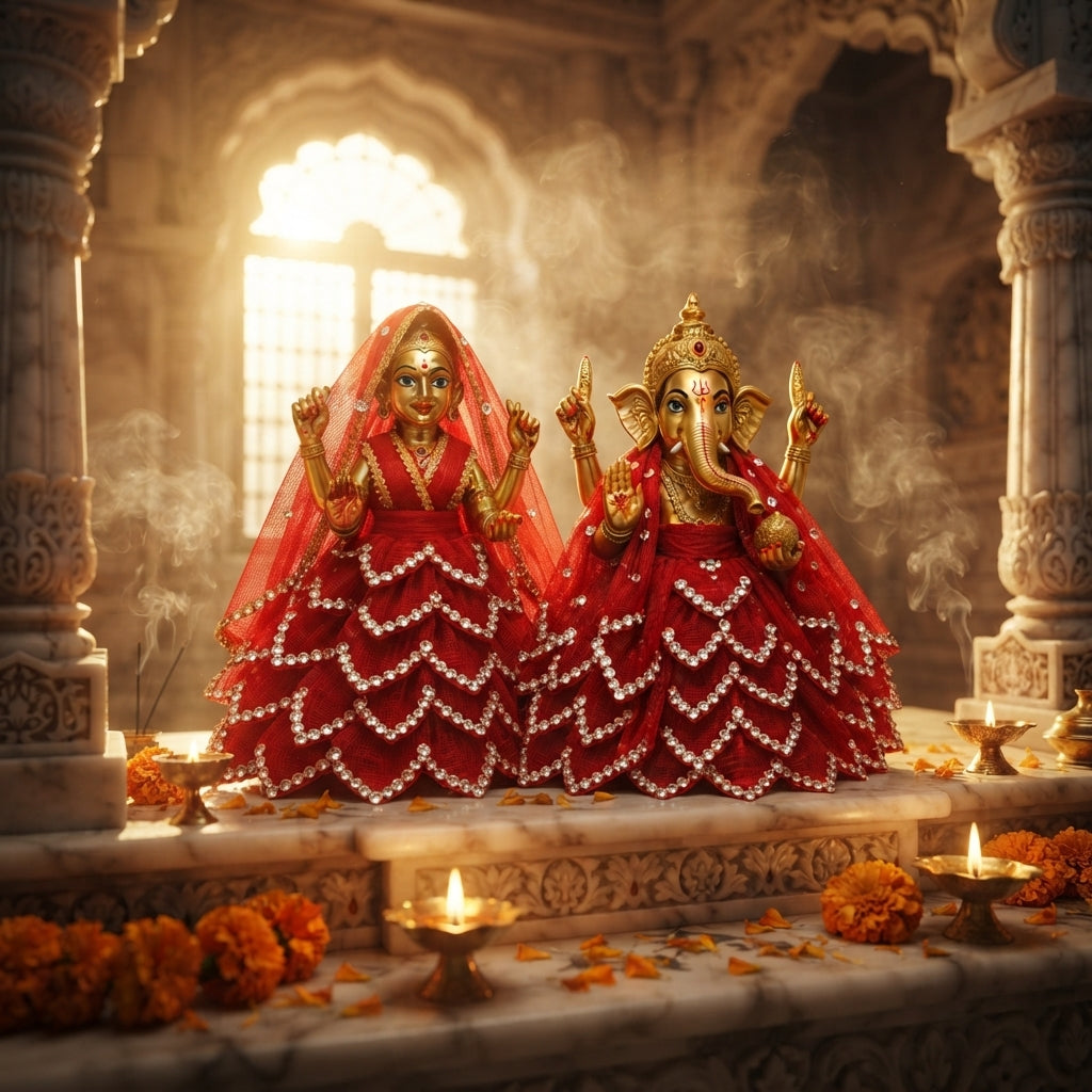 Bansuri Handmade Ganesh Lakshmi Dress Set | Red Poshak for Ganesh Ji & Lakshmi Mata Idol (3.5 Inch)