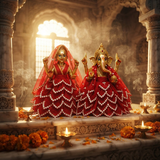 Bansuri Handmade Ganesh Lakshmi Dress Set | Red Poshak for Ganesh Ji & Lakshmi Mata Idol (2 Inch)