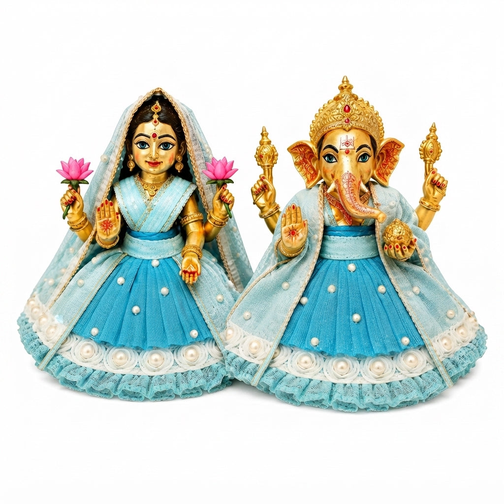 Bansuri Handmade Ganesh Lakshmi Dress Set | Sky Blue Poshak for Ganesh Ji & Lakshmi Mata Idol (3 Inch)