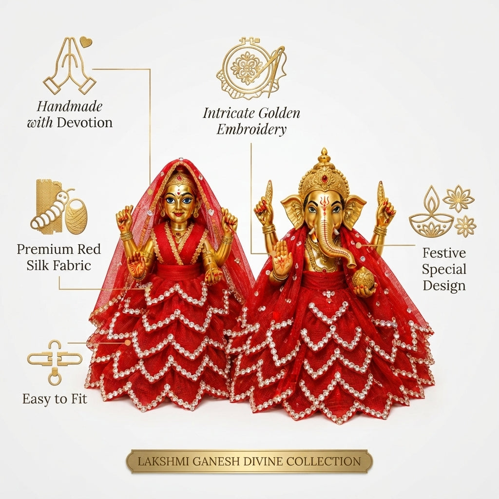 Bansuri Handmade Ganesh Lakshmi Dress Set | Red Poshak for Ganesh Ji & Lakshmi Mata Idol (3.5 Inch)