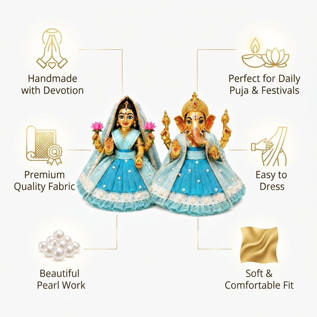 Bansuri Handmade Ganesh Lakshmi Dress Set | Sky Blue Poshak for Ganesh Ji & Lakshmi Mata Idol (3 Inch)
