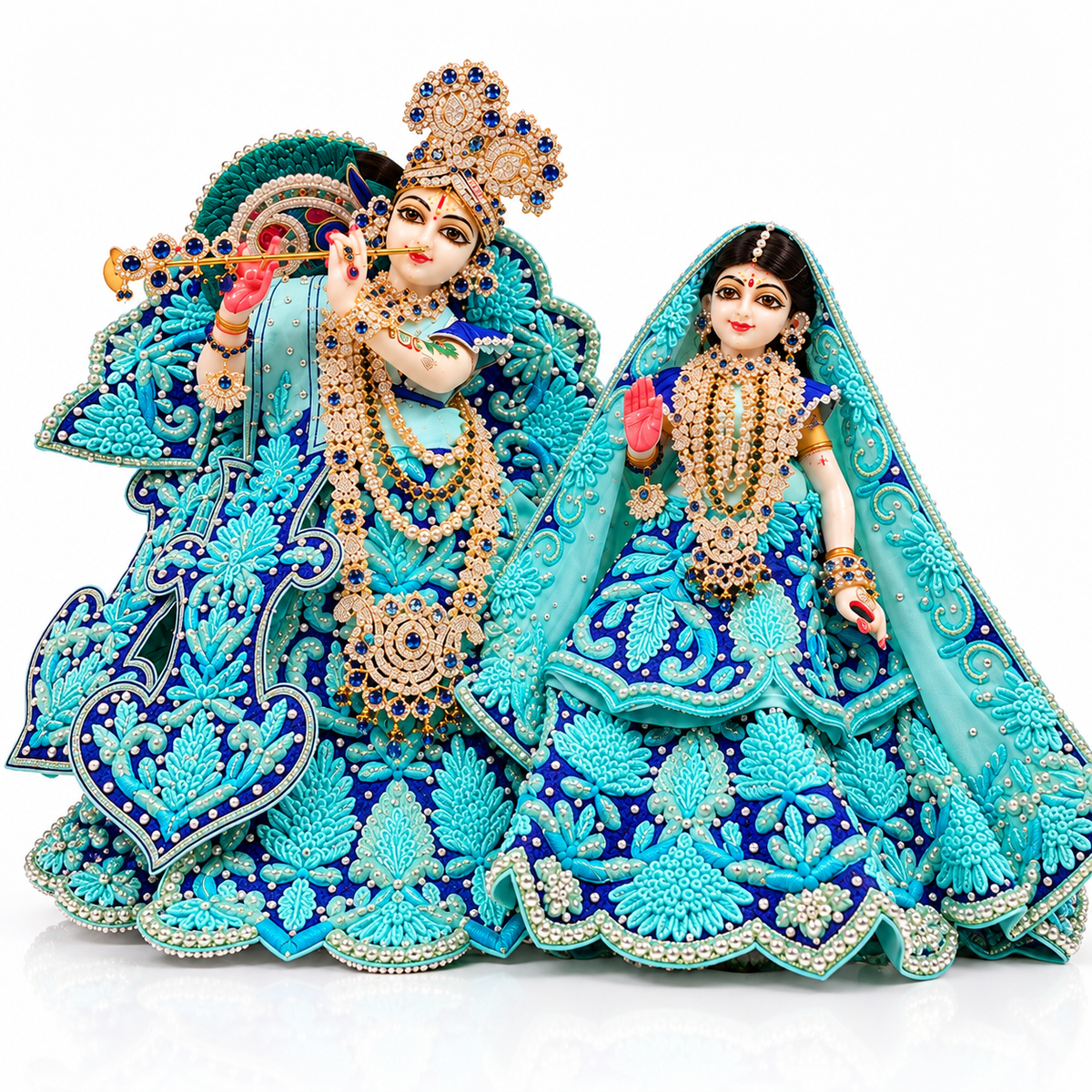 Handcrafted floral embroidery and pearl border on Radha Krishna deity dress