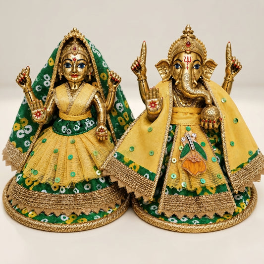 Bansuri Premium Handmade Green Bandhani Ganesh Lakshmi Dress | Yellow Designer Deity Poshak (3.5 Inch)