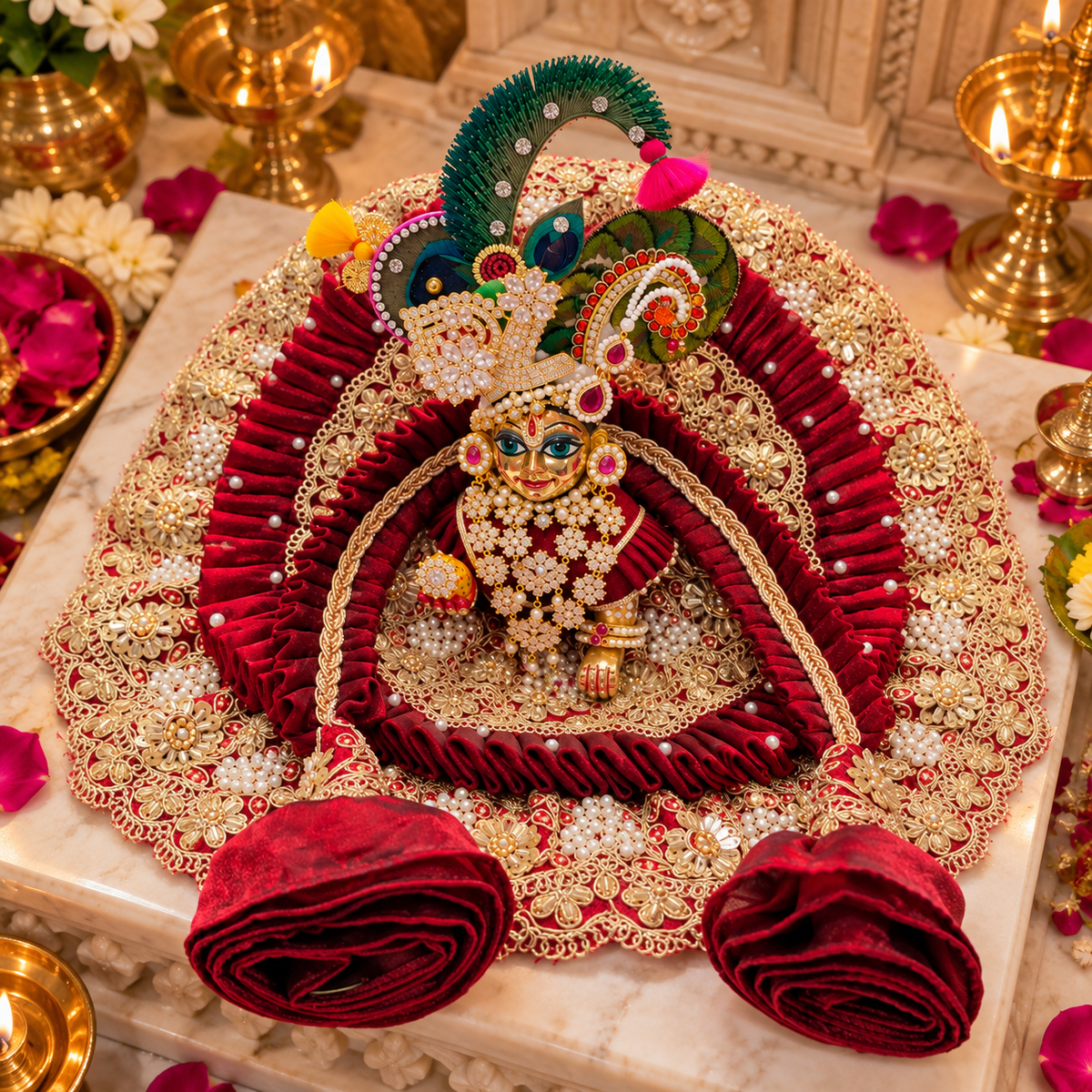 Premium red and gold Laddu Gopal Ji poshak with intricate designer detailing