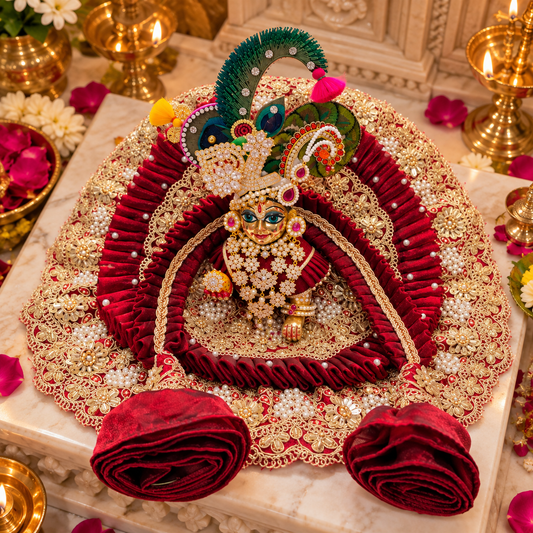 Premium red and gold Laddu Gopal Ji poshak with intricate designer detailing