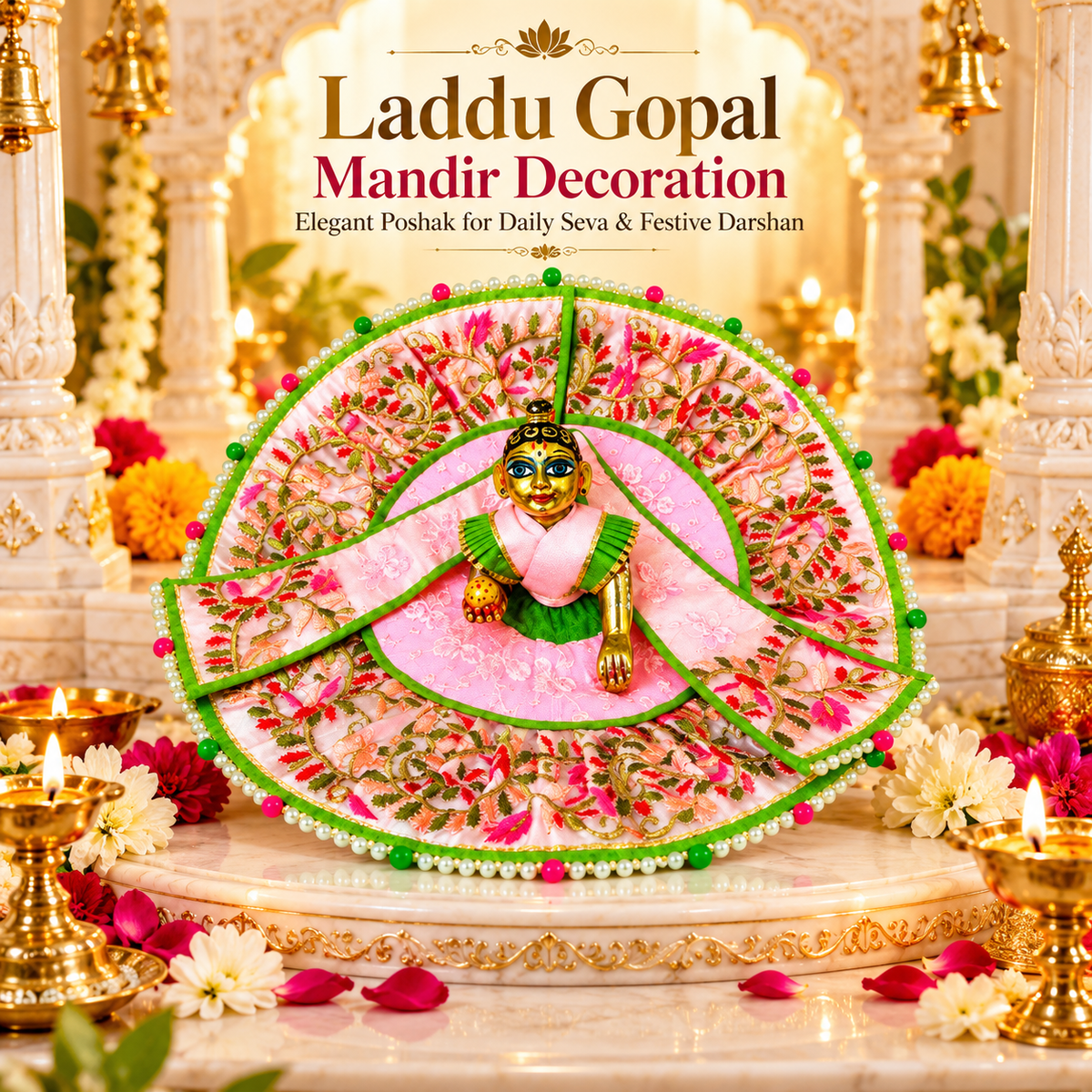 Bansuri Premium Laddu Gopal Poshak – Pink Floral Embroidered Designer Dress for Bal Gopal / Krishna Ji (THPI286)