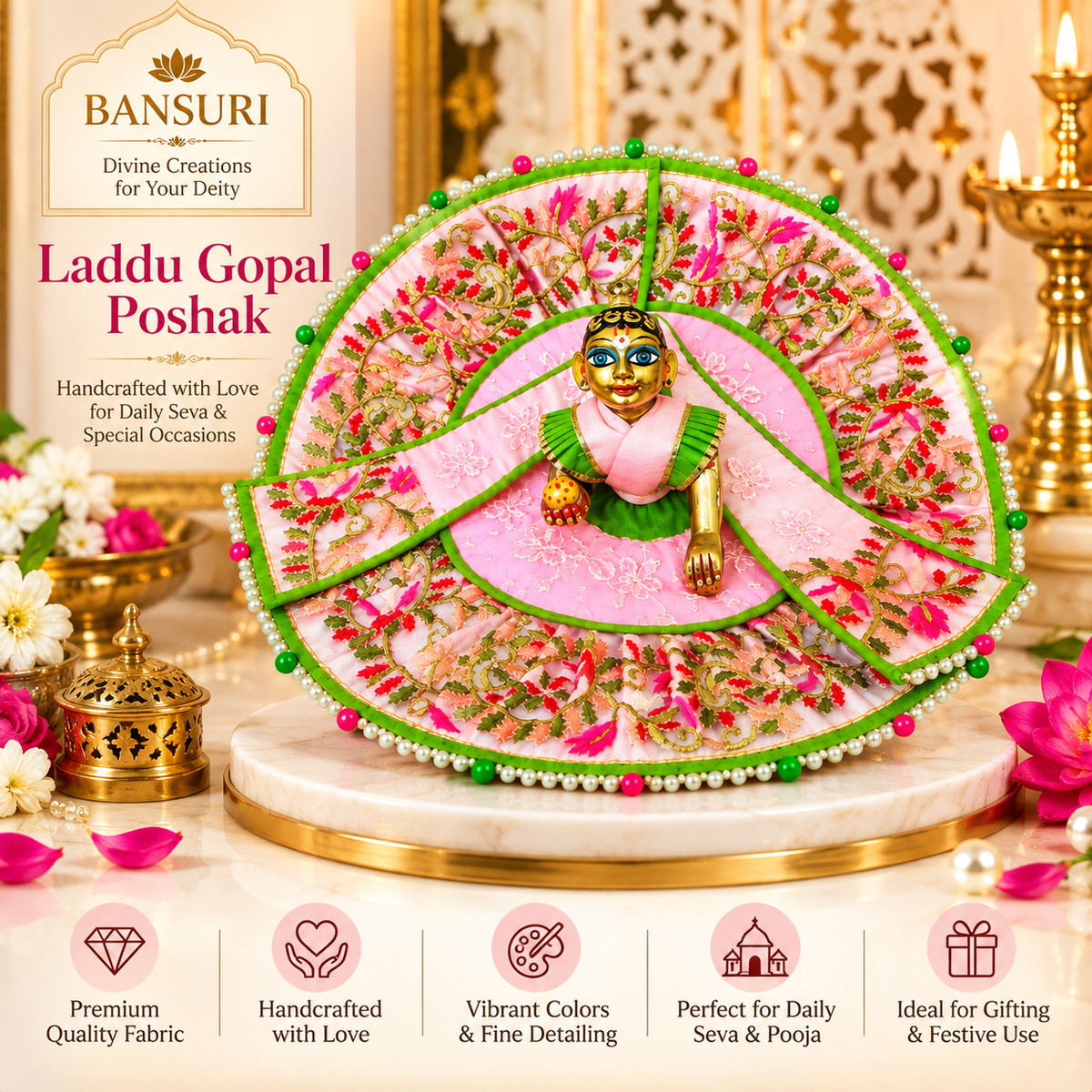 Bansuri Premium Laddu Gopal Poshak – Pink Floral Embroidered Designer Dress for Bal Gopal / Krishna Ji (THPI286)