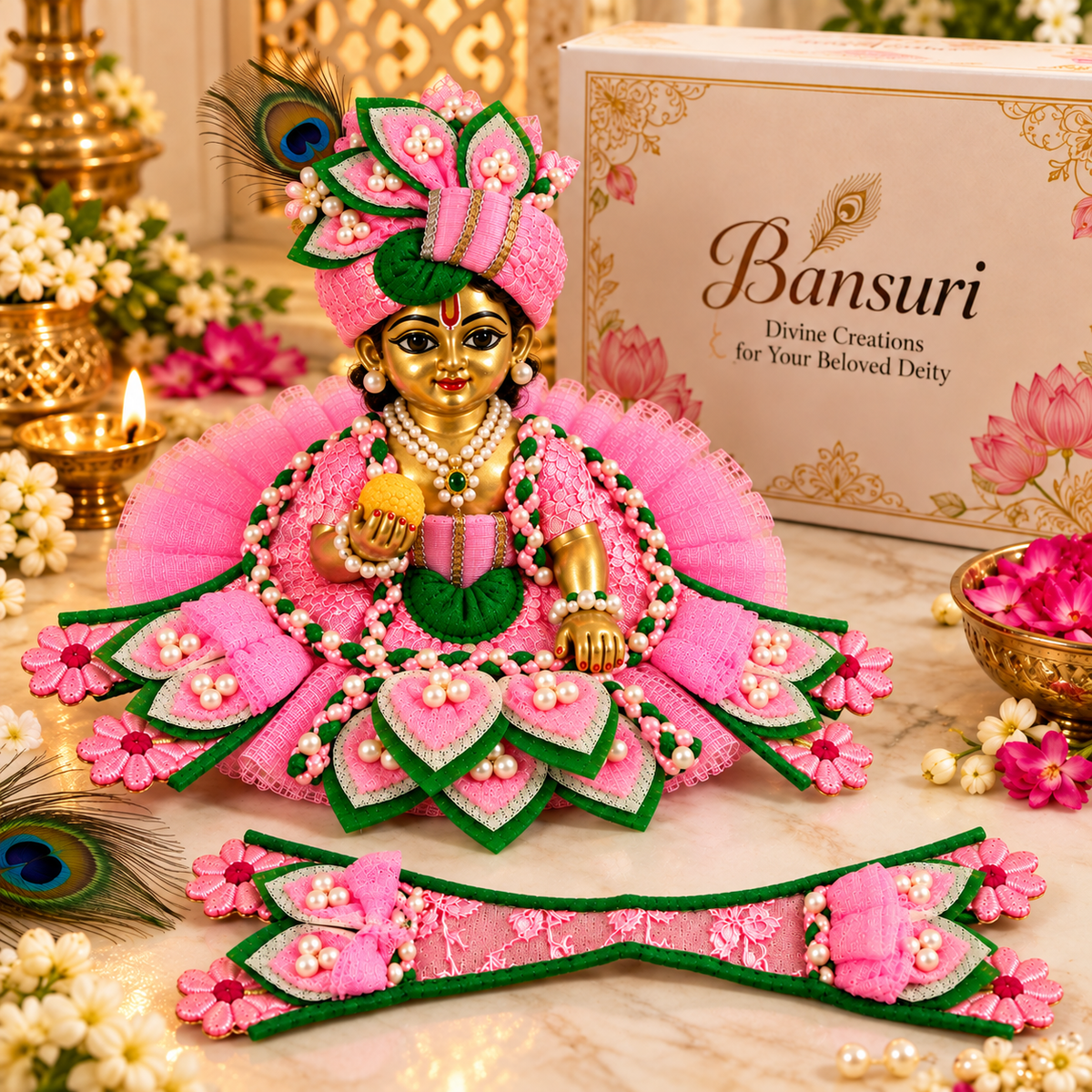 Pink Laddu Gopal Poshak with Pearl Work | Bansuri Handcrafted Pink Designer Net Poshak for Laddu Gopal Ji | Heavy Pearl & Lace Embroidery Dress for Bal Gopal / Krishna / Thakur Ji (PIGR241)
