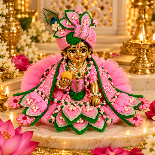 Pink Laddu Gopal Poshak with Pearl Work | Bansuri Handcrafted Pink Designer Net Poshak for Laddu Gopal Ji | Heavy Pearl & Lace Embroidery Dress for Bal Gopal / Krishna / Thakur Ji (PIGR241)