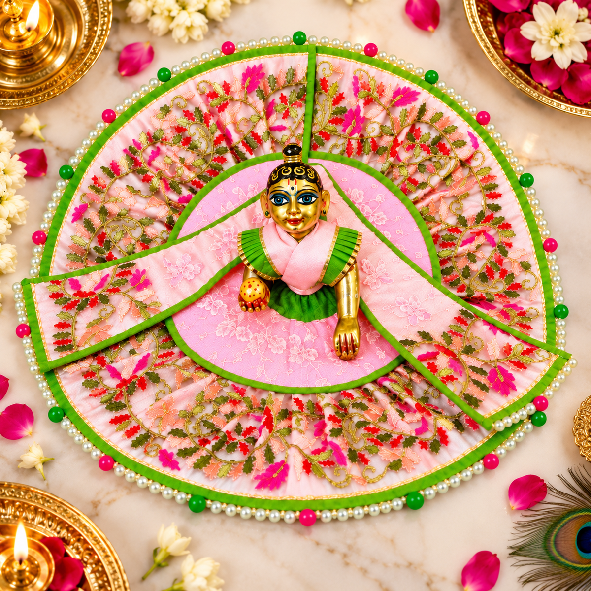 Bansuri Premium Laddu Gopal Poshak – Pink Floral Embroidered Designer Dress for Bal Gopal / Krishna Ji (THPI286)