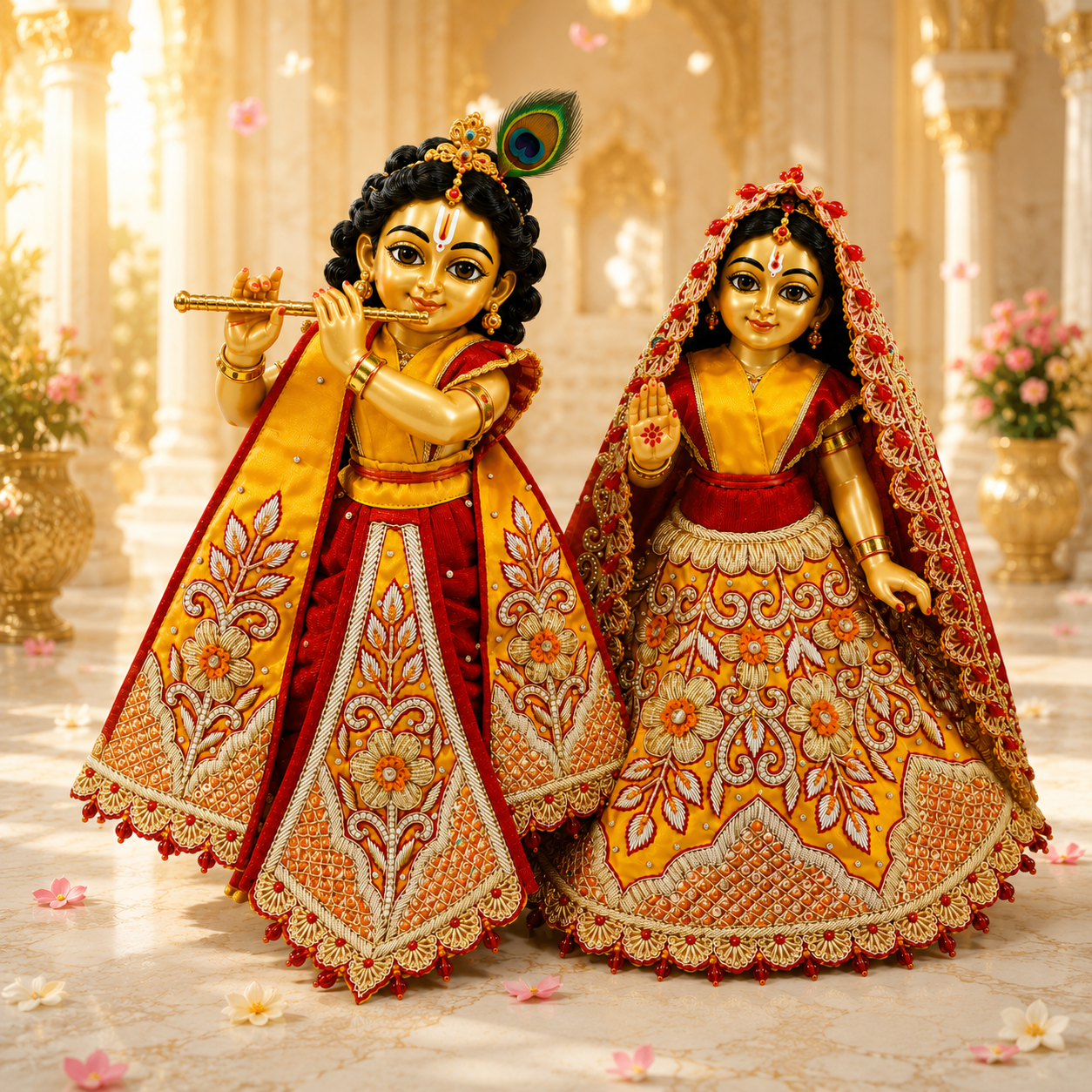 Premium handmade Radha Krishna designer poshak with traditional embroidery, zari work, floral motifs and luxurious temple-style craftsmanship by Bansuri.