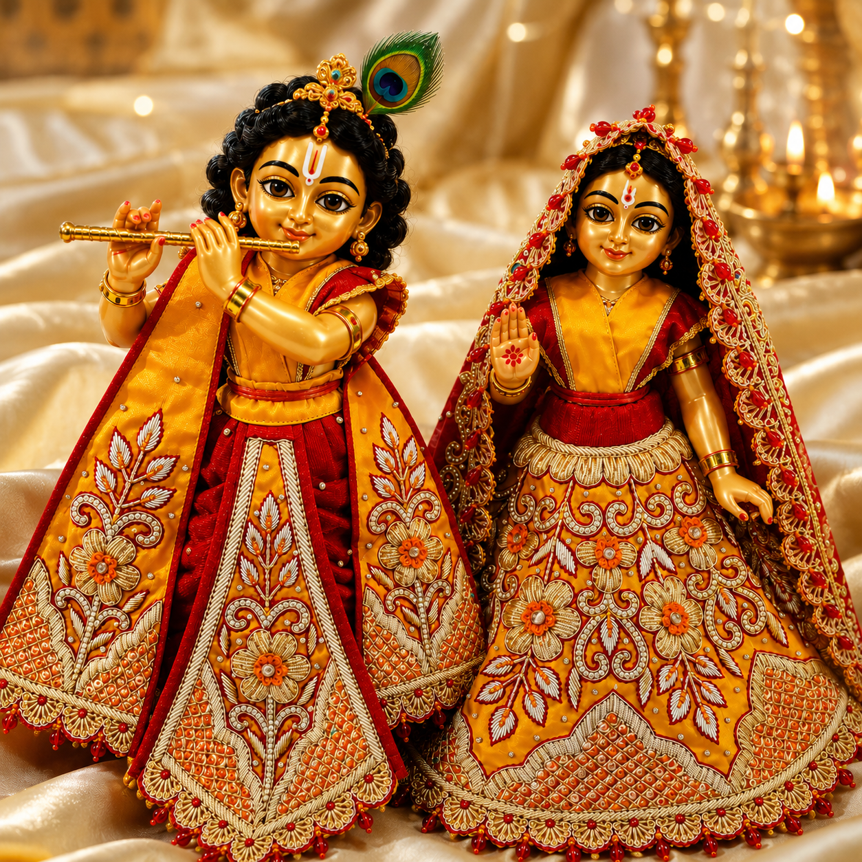 Premium handmade Radha Krishna designer poshak with traditional embroidery, zari work, floral motifs and luxurious temple-style craftsmanship by Bansuri.