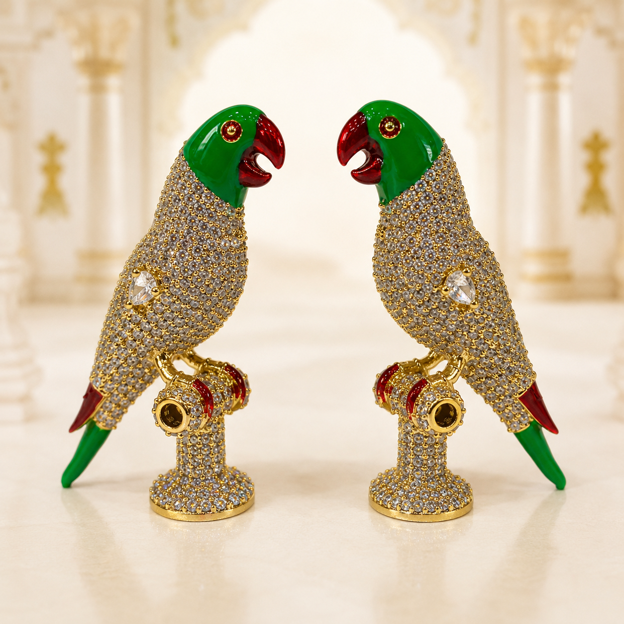 Bansuri Premium Crystal Parrot Showpiece for Home Temple | Luxury Decorative Pair & Single for Radha Krishna & Other Deity Singhasan | Handcrafted Devotional Mandir Decor