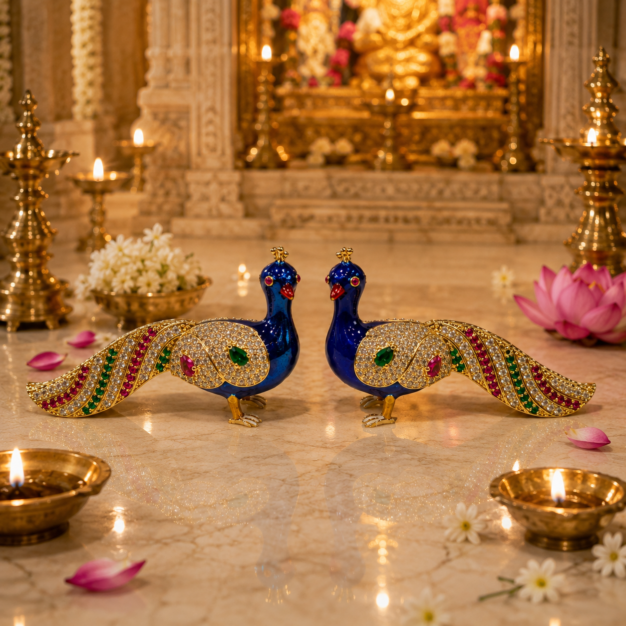 Bansuri Premium Handmade Crystal Peacock Showpiece With Blue Enamel, Gold Finish And Sparkling Crystal Stones For Luxury Home Decoration