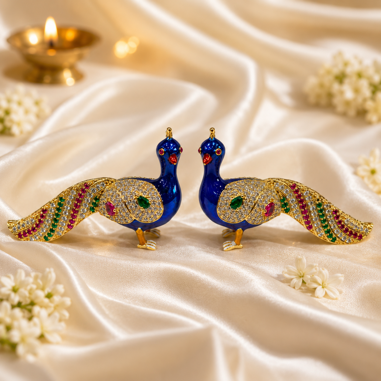 Bansuri Premium Handmade Crystal Peacock Showpiece With Blue Enamel, Gold Finish And Sparkling Crystal Stones For Luxury Home Decoration