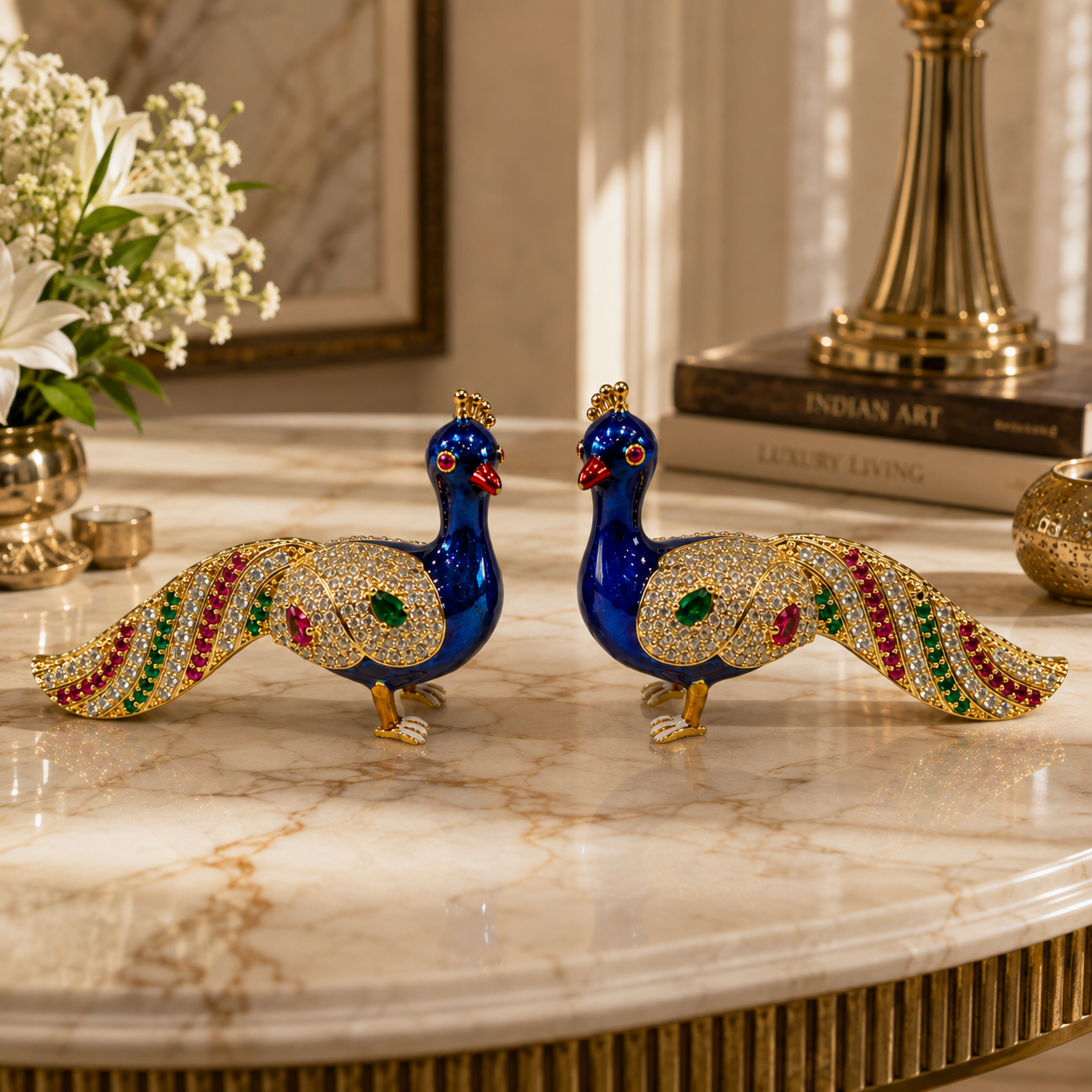 Bansuri Premium Handmade Crystal Peacock Showpiece With Blue Enamel, Gold Finish And Sparkling Crystal Stones For Luxury Home Decoration