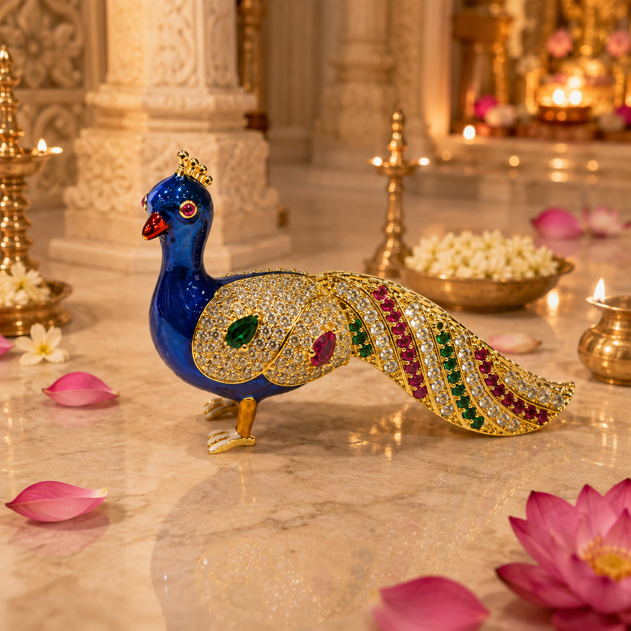 Bansuri Premium Handmade Crystal Peacock Showpiece With Blue Enamel, Gold Finish And Sparkling Crystal Stones For Luxury Home Decoration