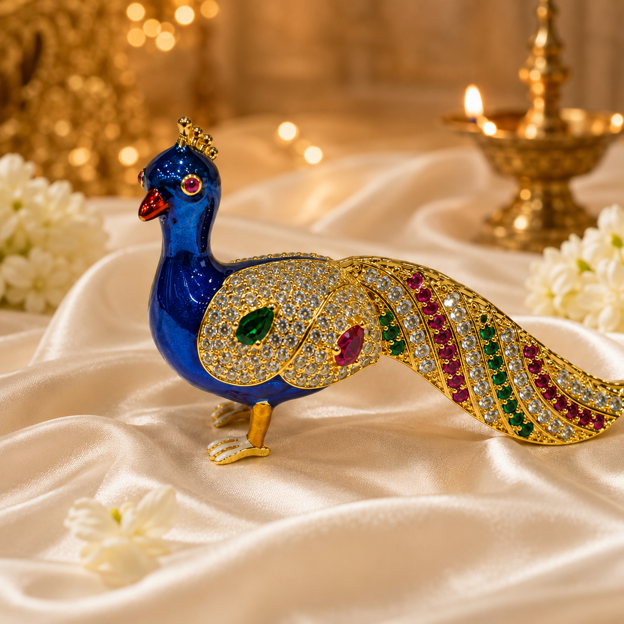 Bansuri Premium Handmade Crystal Peacock Showpiece With Blue Enamel, Gold Finish And Sparkling Crystal Stones For Luxury Home Decoration