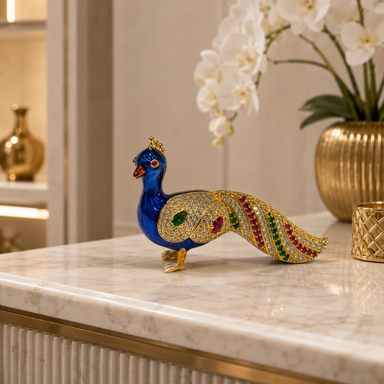 Bansuri Premium Handmade Crystal Peacock Showpiece With Blue Enamel, Gold Finish And Sparkling Crystal Stones For Luxury Home Decoration