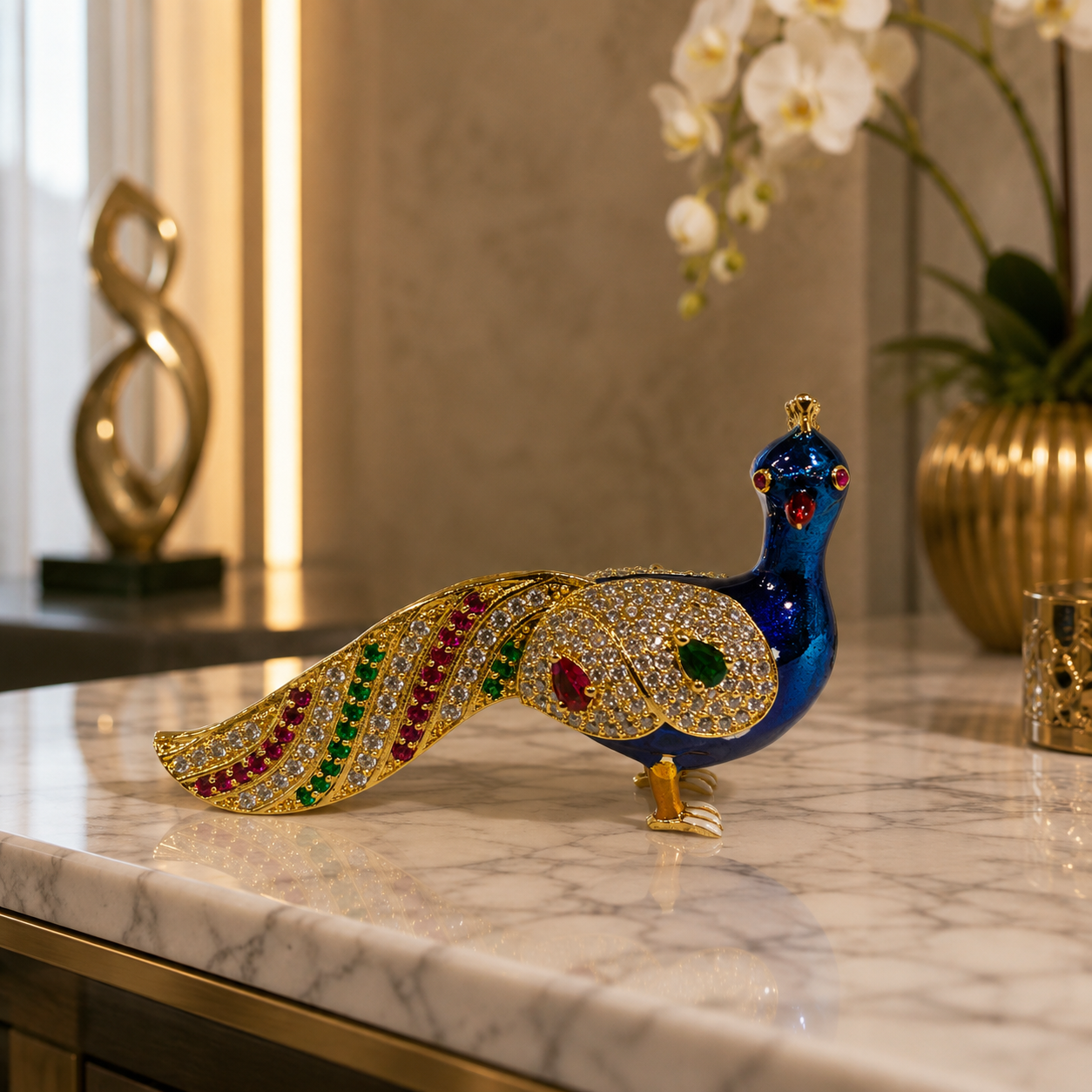 Bansuri Premium Handmade Crystal Peacock Showpiece With Blue Enamel, Gold Finish And Sparkling Crystal Stones For Luxury Home Decoration
