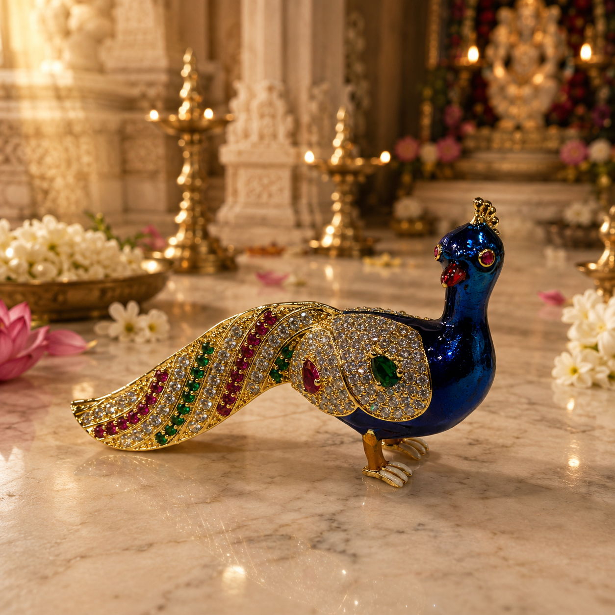 Bansuri Premium Handmade Crystal Peacock Showpiece With Blue Enamel, Gold Finish And Sparkling Crystal Stones For Luxury Home Decoration