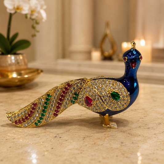 Bansuri Premium Handmade Crystal Peacock Showpiece With Blue Enamel, Gold Finish And Sparkling Crystal Stones For Luxury Home Decoration