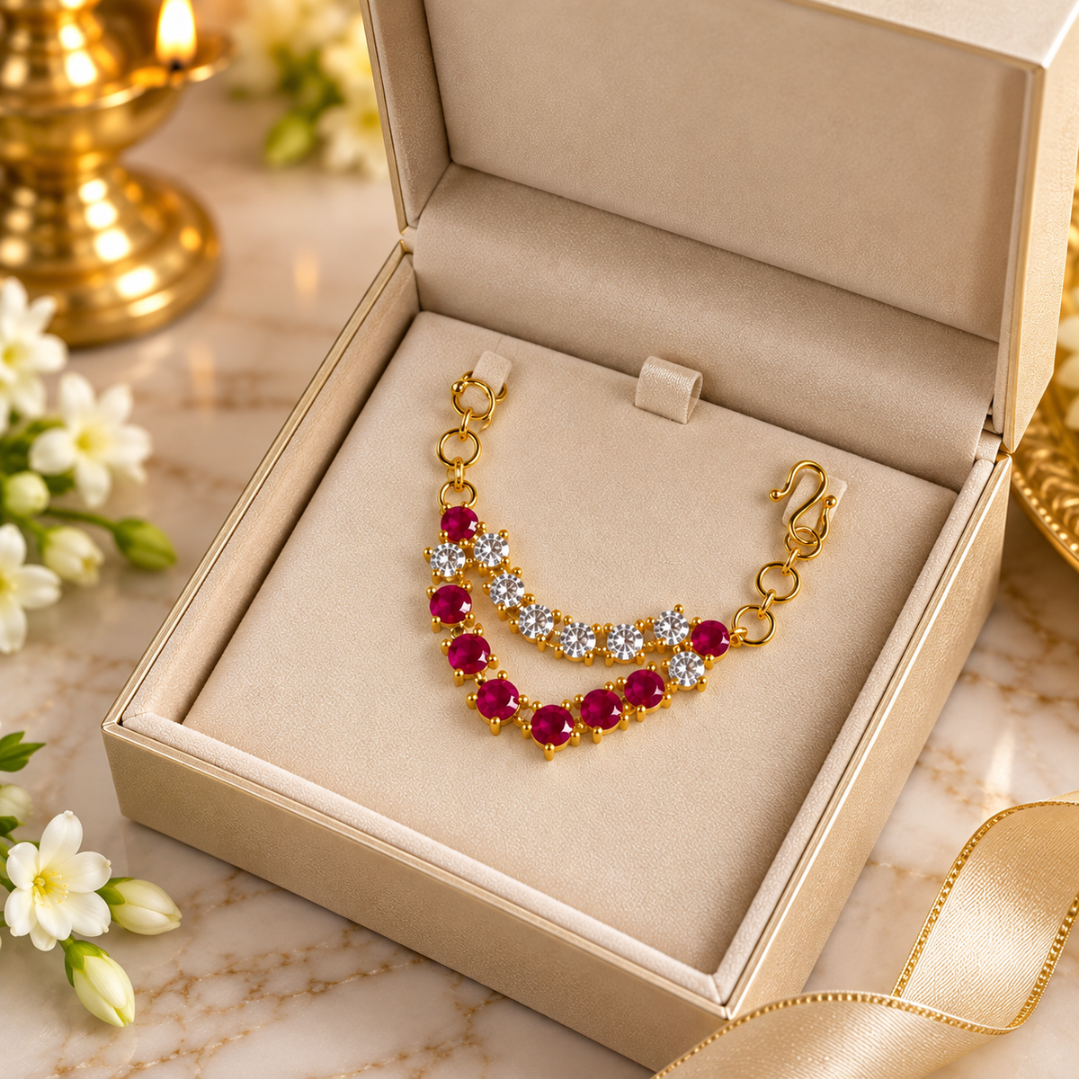 Ruby Red Deity Necklace with S-Hook Lock | Radha Krishna jewellery | Bansuri deity necklace for idol (N171)