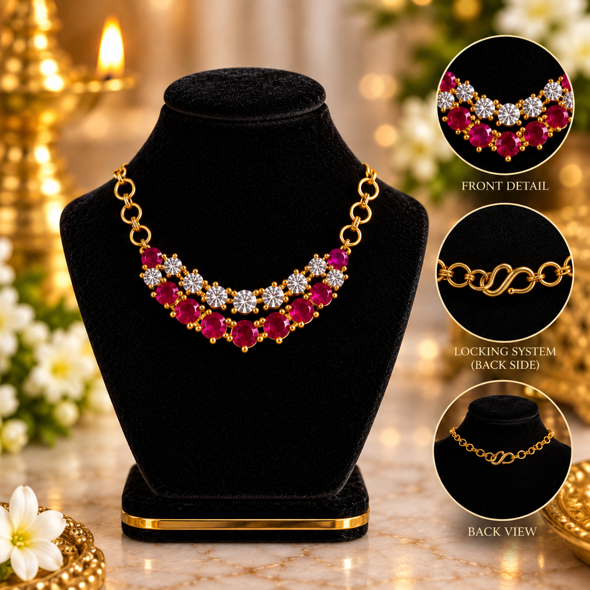Ruby Red Deity Necklace with S-Hook Lock | Radha Krishna jewellery | Bansuri deity necklace for idol (N171)