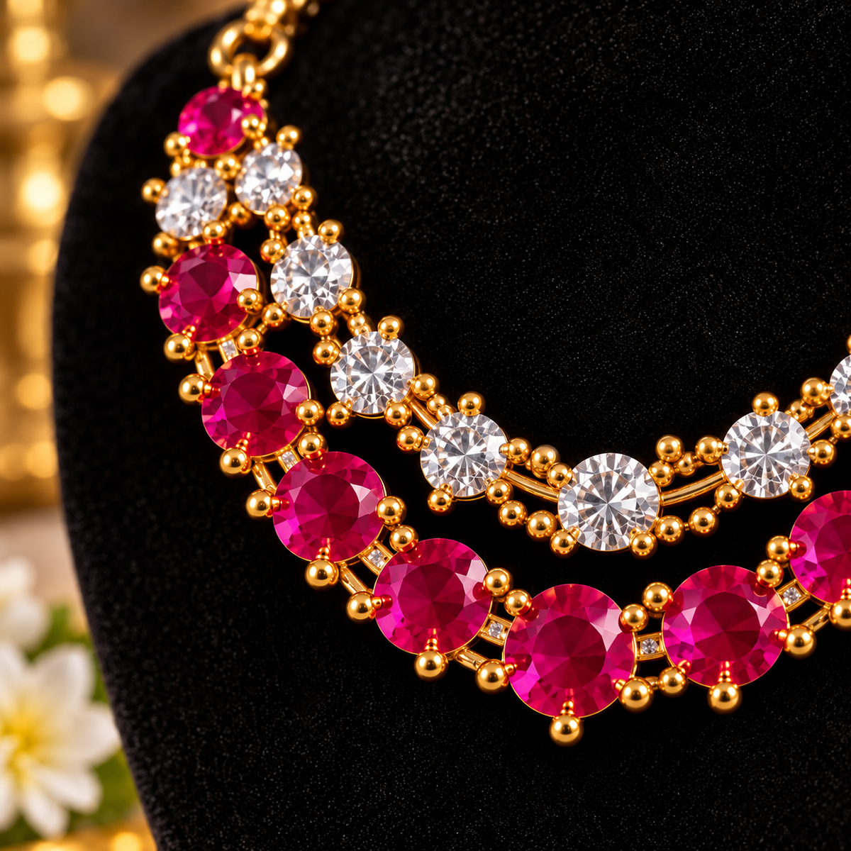 Ruby Red Deity Necklace with S-Hook Lock | Radha Krishna jewellery | Bansuri deity necklace for idol (N171)