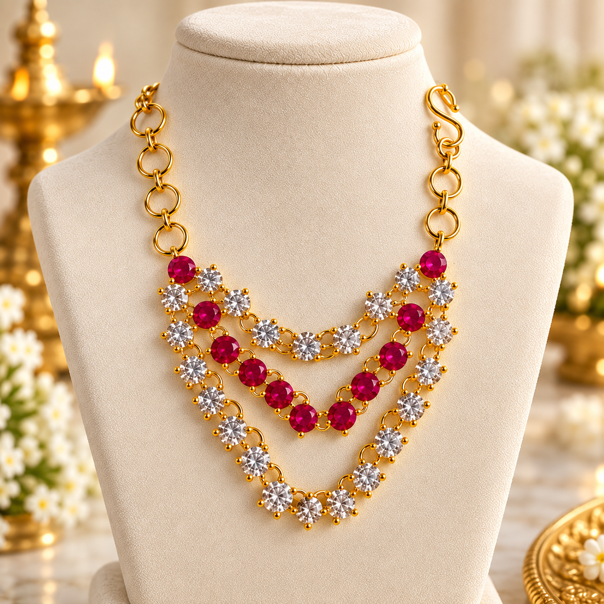 Ruby Red Deity Necklace with S-Hook Lock | Radha Krishna jewellery | Bansuri deity necklace for idol (N171)