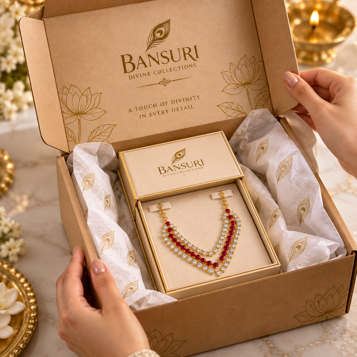 Ruby Red Deity Necklace with S-Hook Lock | Radha Krishna jewellery | Bansuri deity necklace for idol (N171)