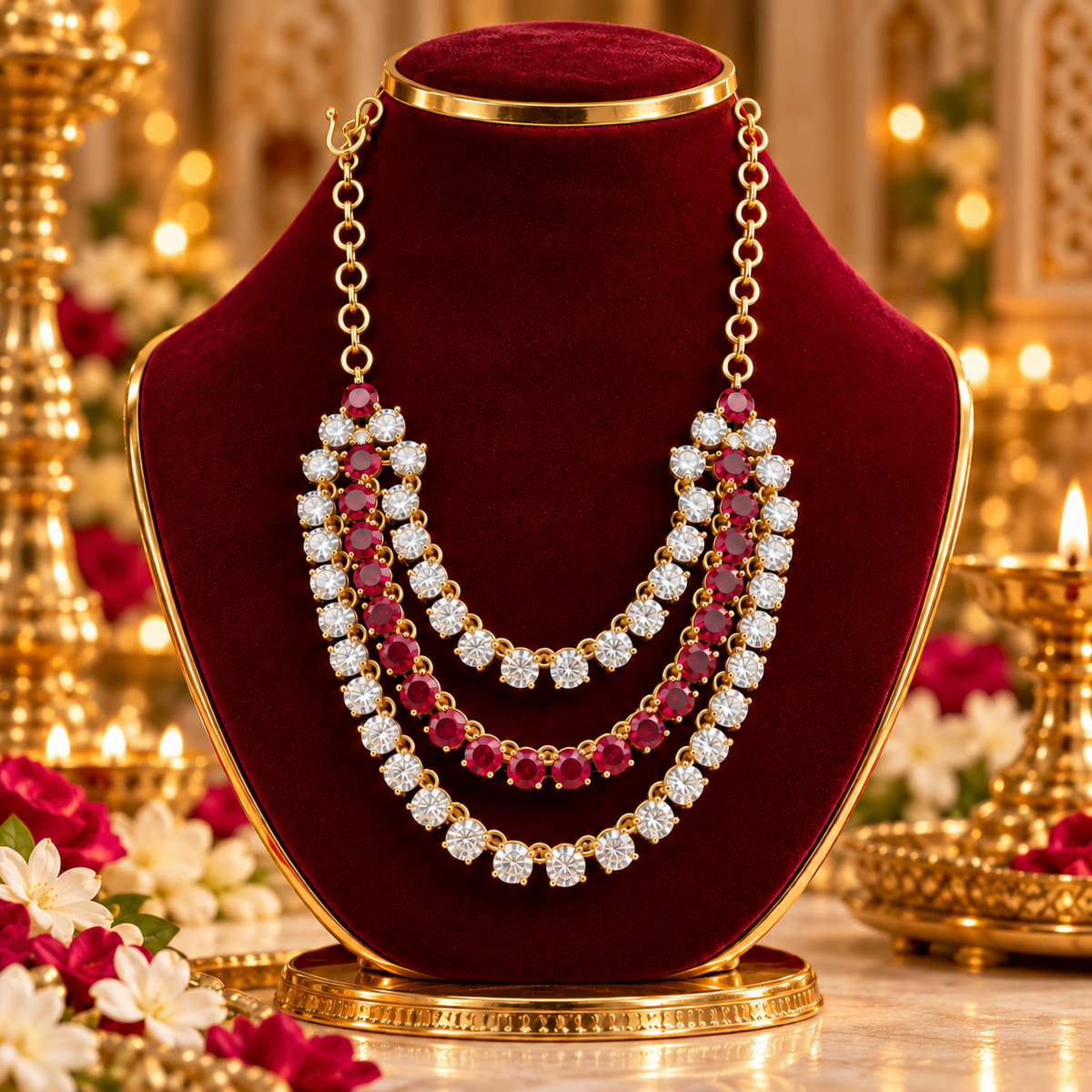 Premium Red & White Stone Deity Necklace for Laddu Gopal & Bhagwan Ji | Bansuri 3-Layer Haar Mala for Bhagwan Ji (N173)