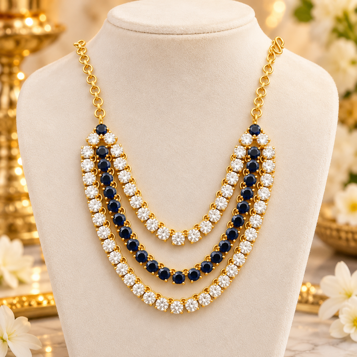 Bansuri Premium Blue & White Stone Deity Necklace for God Idol | Luxury 3-Layer Mala for Laddu Gopal, Krishna Ji, Radha Rani & All Deities (N173)