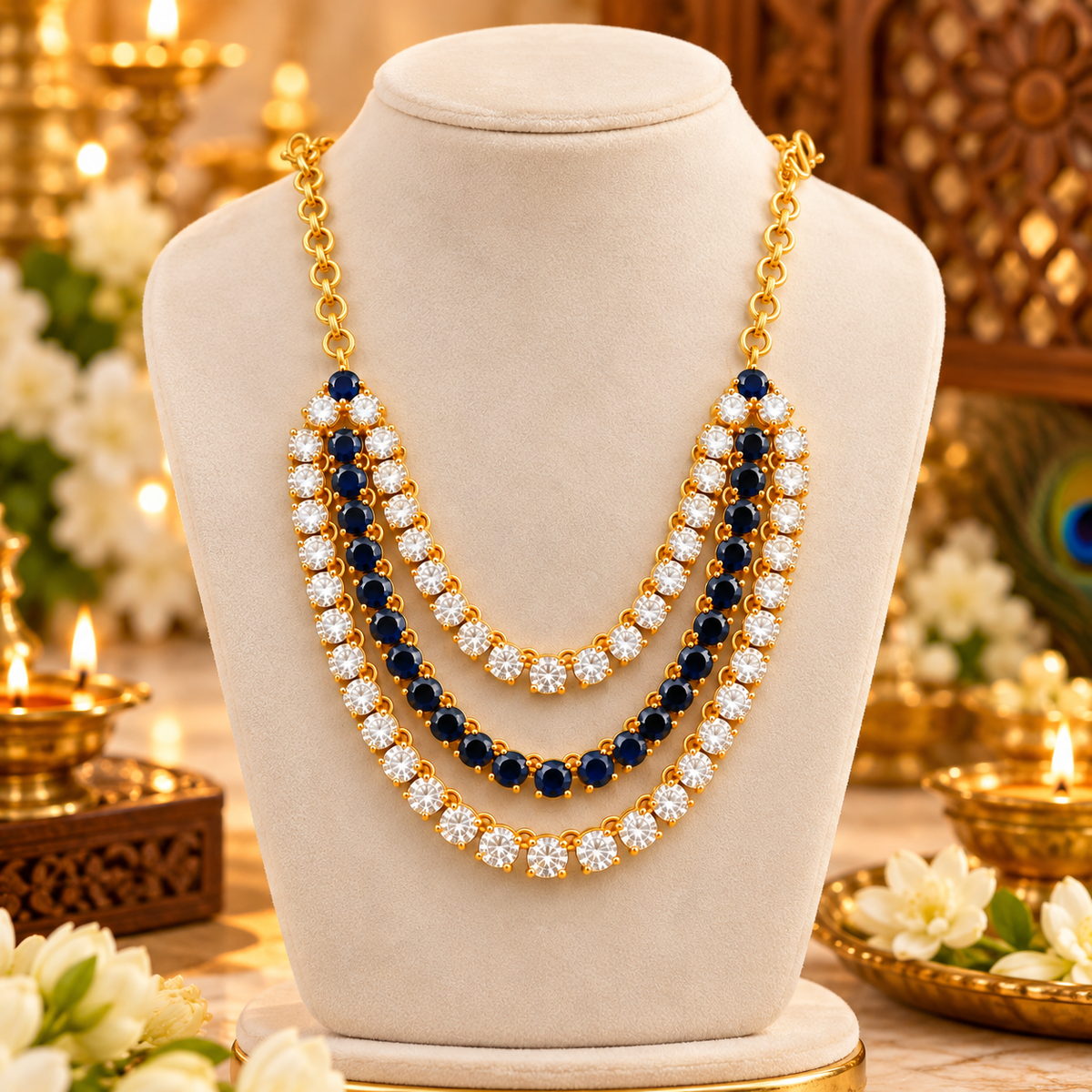 Bansuri Premium Blue & White Stone Deity Necklace for God Idol | Luxury 3-Layer Mala for Laddu Gopal, Krishna Ji, Radha Rani & All Deities (N173)