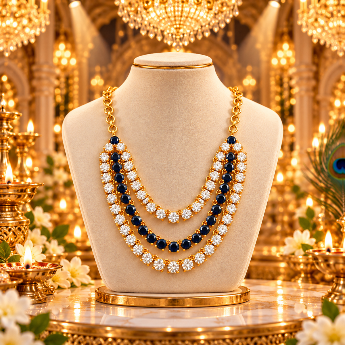 Bansuri Premium Blue & White Stone Deity Necklace for God Idol | Luxury 3-Layer Mala for Laddu Gopal, Krishna Ji, Radha Rani & All Deities (N173)