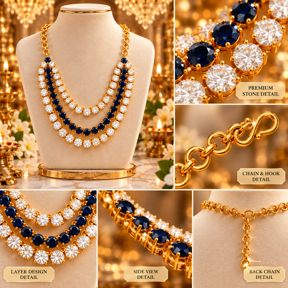 Bansuri Premium Blue & White Stone Deity Necklace for God Idol | Luxury 3-Layer Mala for Laddu Gopal, Krishna Ji, Radha Rani & All Deities (N173)