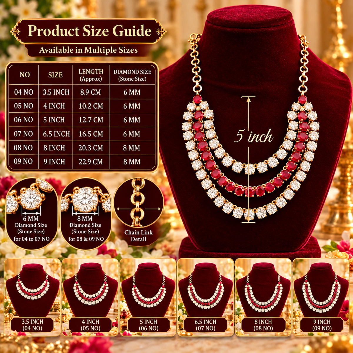 Premium Red & White Stone Deity Necklace for Laddu Gopal & Bhagwan Ji | Bansuri 3-Layer Haar Mala for Bhagwan Ji (N173)