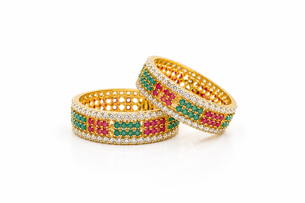 Bansuri Deity Bangles Set of 2 – Gold-Plated God Churi with Ruby & Emerald AD Stonework, Stylish Locking Clasp for Krishna, Radha, Lakshmi & Laddu Gopal Idols